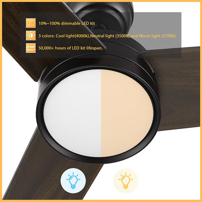Smafan Dulon wood ceiling fan integrated LED light kit feature showing 10% to 100% dimming, 3 color temperatures, and 50,000+ hours lifespan. 