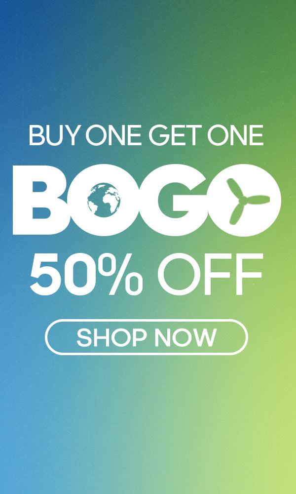 Vertical version of the Earth Day BOGO 50% OFF banner with a blue-to-green gradient background and a clear call-to-action.