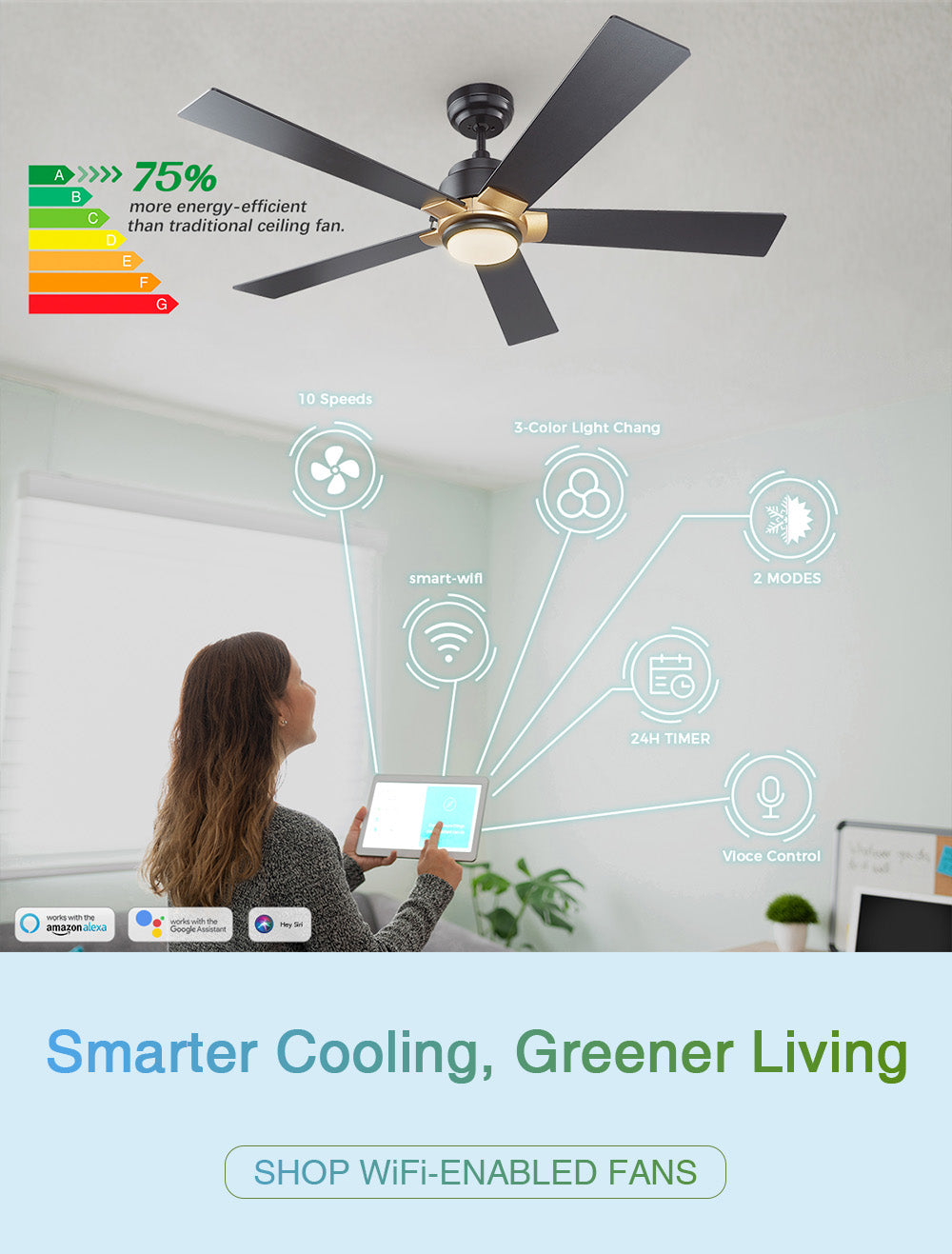 Indoor image showing a 52 inch smart ceiling fan in black and gold with LED light (Aspen) above a woman using a phone. Highlights smart features and energy efficiency.