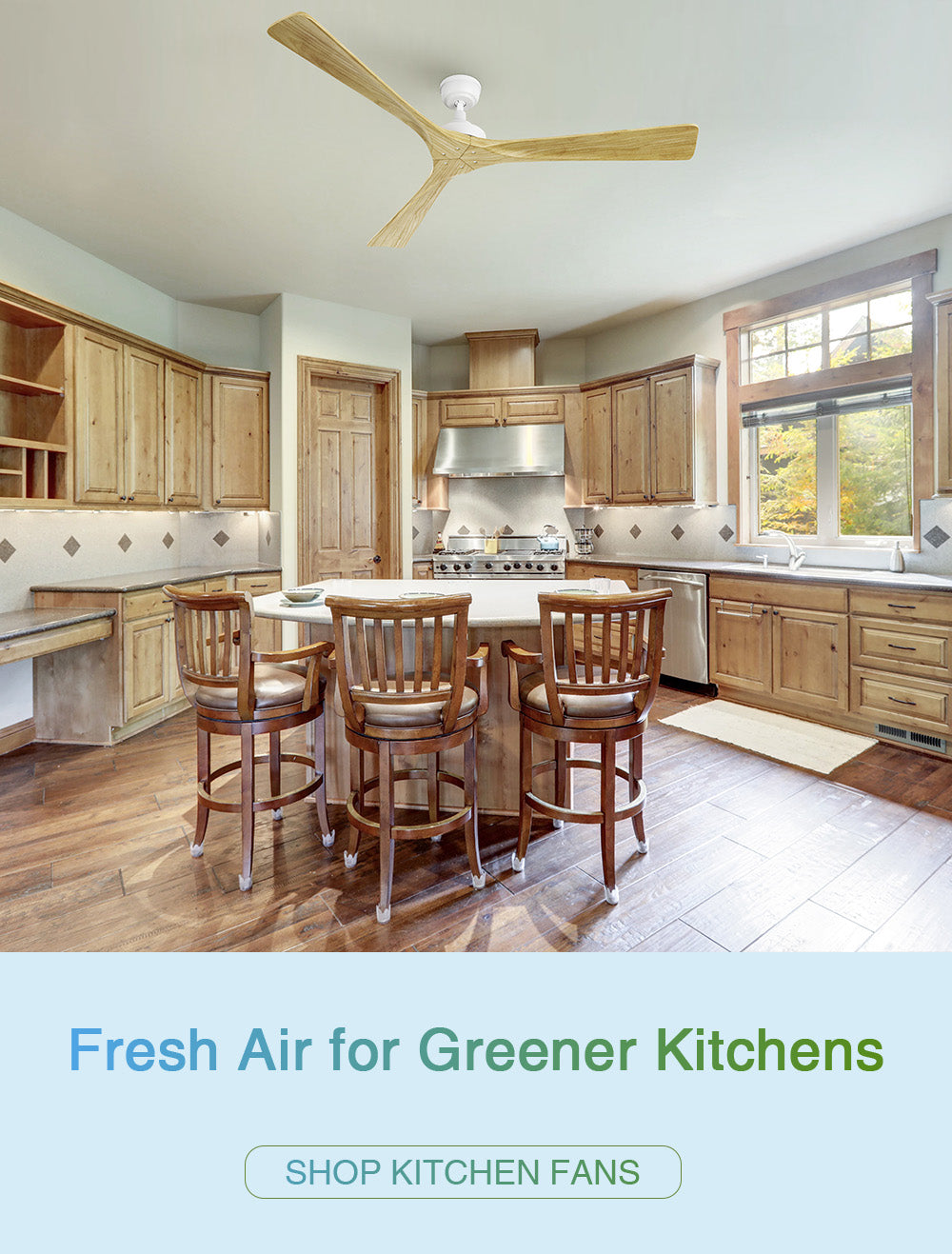 Cozy kitchen space featuring a Spitfire 60-inch white ceiling fan without light. Tagline: “Fresh Air for Greener Kitchens.”