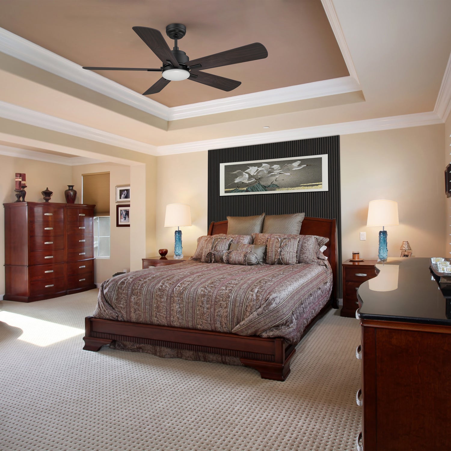 Spacious bedroom featuring the 52inch Elgin smart ceiling fan with light, acoustic slat wall panels, vibrant wall art, and a sleek table lamp. Ideal for smart and stylish interiors.