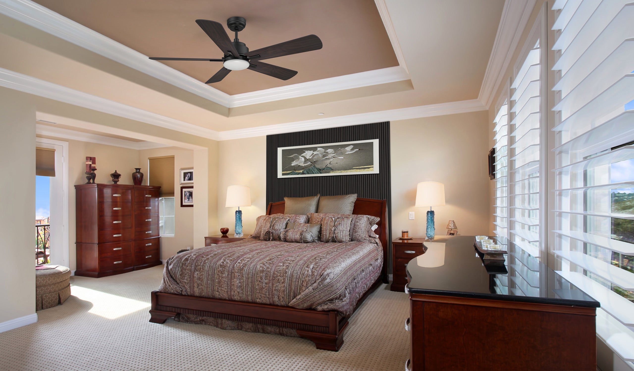 Spacious bedroom featuring the 52inch Elgin smart ceiling fan with light, acoustic slat wall panels, vibrant wall art, and a sleek table lamp. Ideal for smart and stylish interiors.