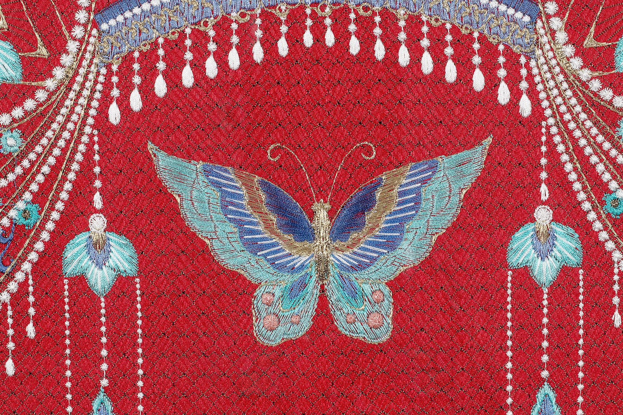 Embroidery artwork's centre detail of an Oriental phoenix coronet with butterfly.