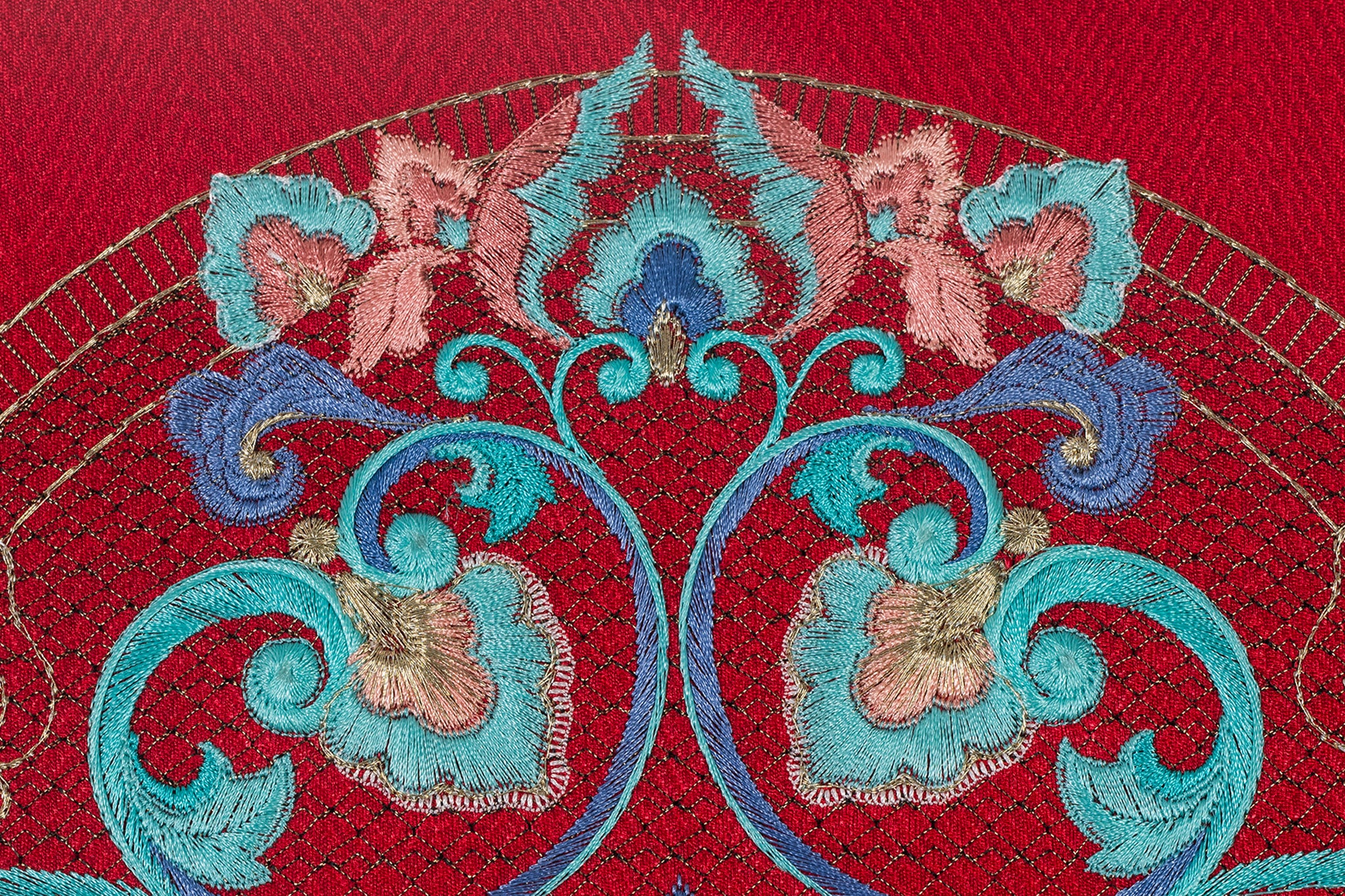 Top detail of an Oriental phoenix crown embroidery artwork.