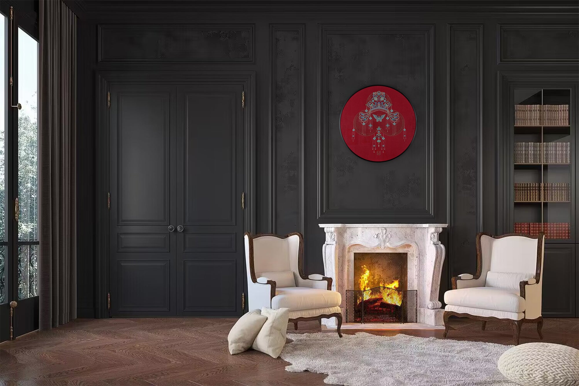 In a living room with black as the theme color, the wall is placed with embroidery art containing Oriental culture, with white fireplace and elegant white home, the living room is full of elegant feeling.