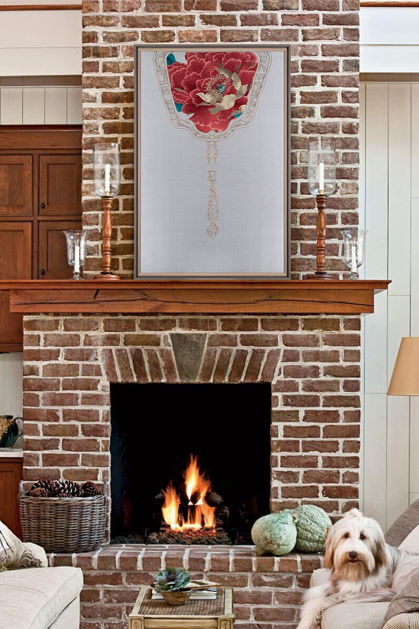 Hung over the fireplace as a wall art, this work of art is embroidered with a royal fan, and the royal fan is embroidered with red peony flowers symbolizing nobility. Matching to the long white hair dog, that&