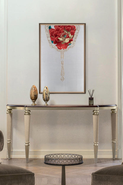 Hung over the side table as a wall art, this work of art is embroidered with a royal fan, and the royal fan is embroidered with red peony flowers symbolizing nobility.