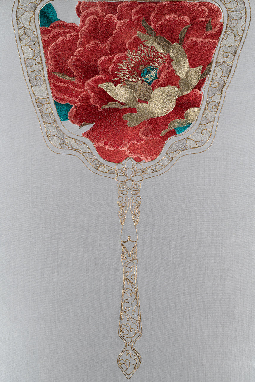 An Embroidery artwork of royal fan embroidered with red peony flowers.