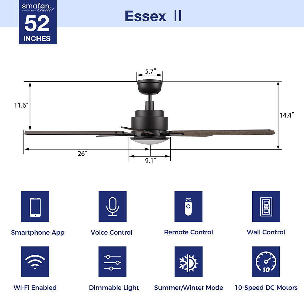 Technical specs diagram for Essex2 52-inch smart outdoor ceiling fan with LED light, displaying full measurements, blade span, fan height, and icons for Wi-Fi, app, voice, and wall control features. 