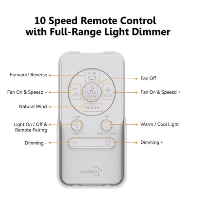Essex 10-speed remote control for smart ceiling fans with light and 10-speed DC motor. Features labeled buttons, including forward/reverse mode, fan on/off with speed adjustment (+/-), natural wind mode, light on/off with remote pairing, warm/cool light adjustment, and dimming (+/-). The remote is designed for full-range light dimming and control of fan speed and direction, with the brand name &