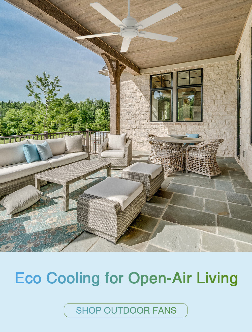Outdoor seating area with Essex 60-inch Outdoor smart ceiling fan in white with LED light. Caption reads “Eco Cooling for Open-Air Living.”