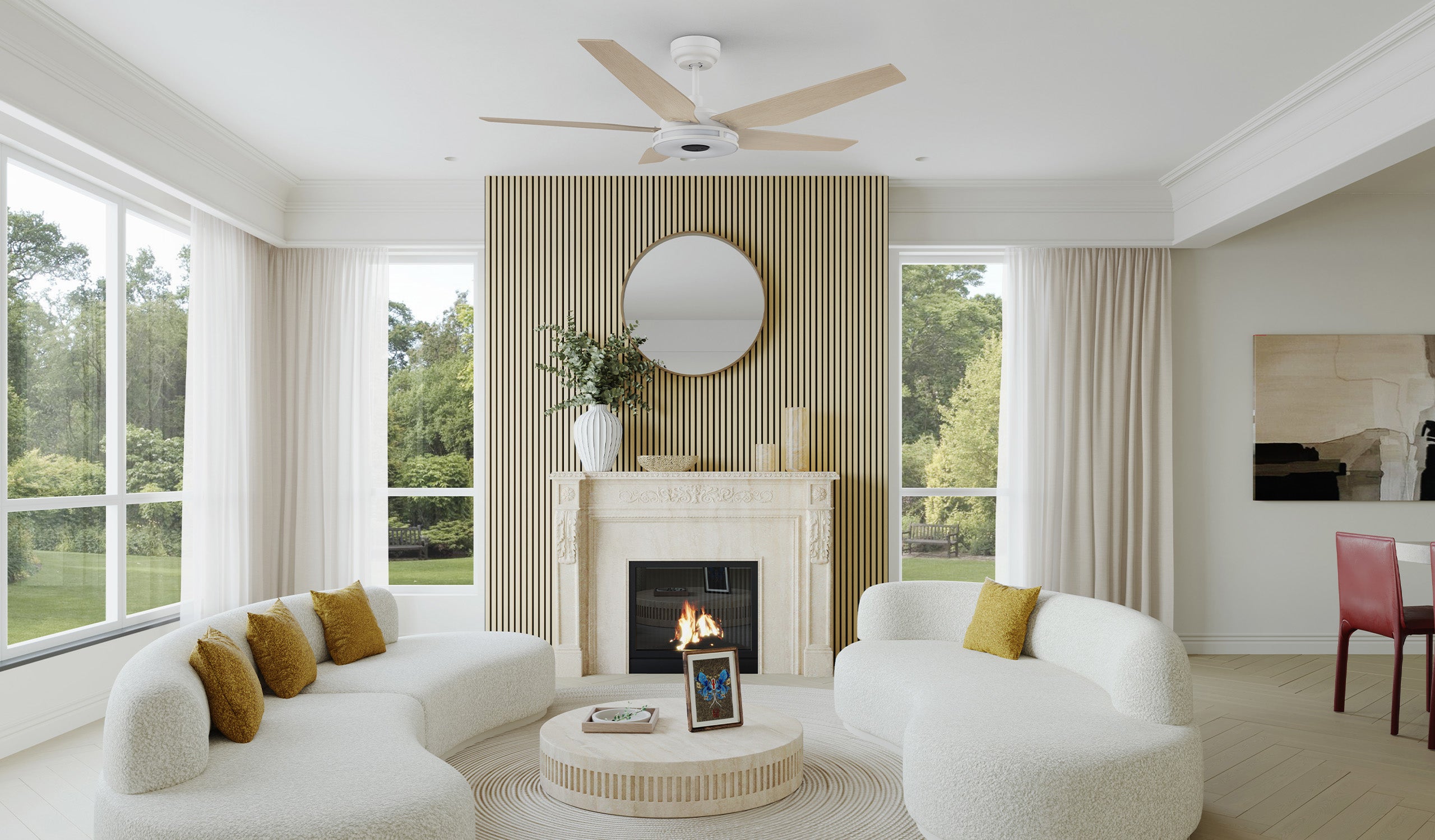 Bright living room with 52 inch explorer white ceiling fan with LED light and smart, wall art, and natural walnut-colored acoustic slat panels. Ideal for modern interior styling and quiet airflow.
