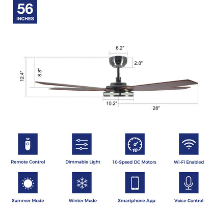 Explorer Outdoor 56&quot; Smart Ceiling Fan with LED Light Kit-Silver Case and caramel-color Wood Grain Fan Blades. The fan features Remote control, Wi-Fi apps, and Voice control technology (compatible with Amazon Alexa and Google Home Assistant ) to set fan preferences. Equipped with 3000-lumen dimmable LED lights and a 10-speed DC Motor (5300CFM airflow output), it brings you cool and bright. 