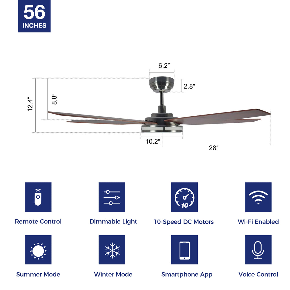 Explorer Outdoor 56" Smart Ceiling Fan with LED Light Kit-Silver Case and caramel-color Wood Grain Fan Blades. The fan features Remote control, Wi-Fi apps, and Voice control technology (compatible with Amazon Alexa and Google Home Assistant ) to set fan preferences. Equipped with 3000-lumen dimmable LED lights and a 10-speed DC Motor (5300CFM airflow output), it brings you cool and bright. 