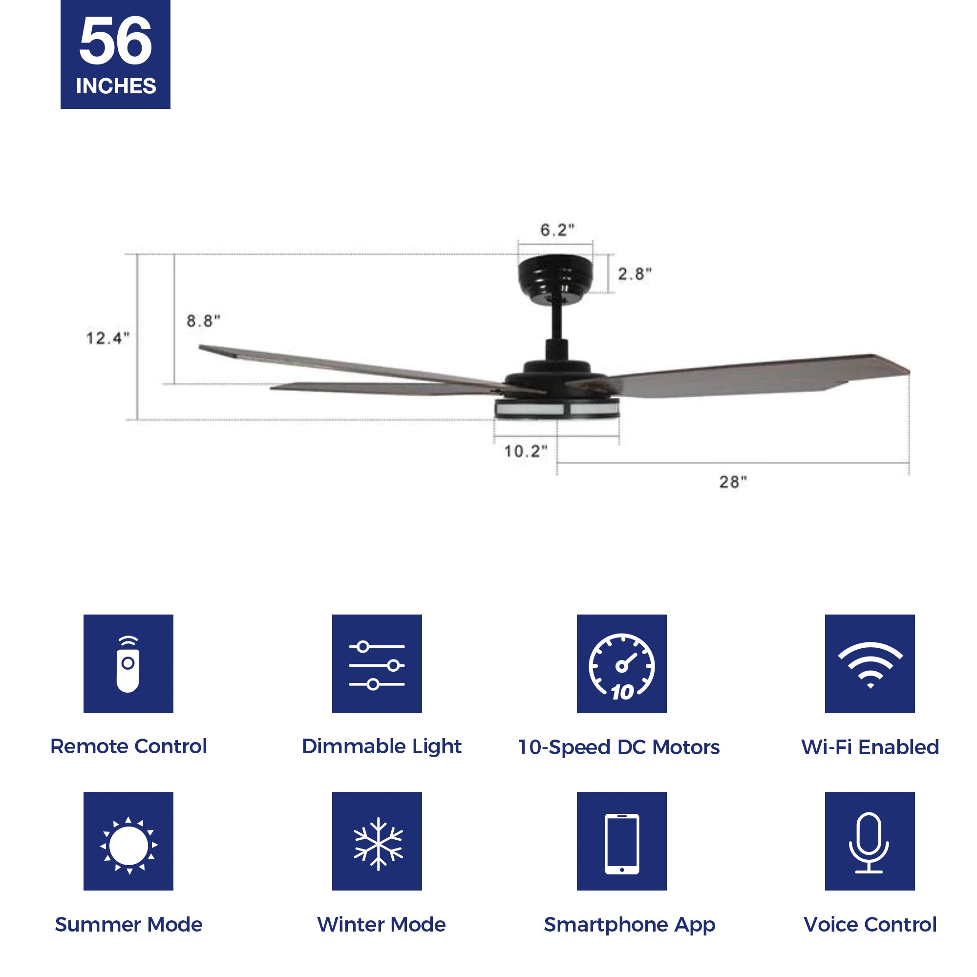 Explorer Outdoor 56&quot; Smart Ceiling Fan with LED Light Kit-Black Case and Dark Wood Fan Blades. The fan features Remote control, Wi-Fi apps, and Voice control technology (compatible with Amazon Alexa and Google Home Assistant ) to set fan preferences. Equipped with 3000-lumen dimmable LED lights and a 10-speed DC Motor (5300CFM airflow output), it brings you cool and bright. 