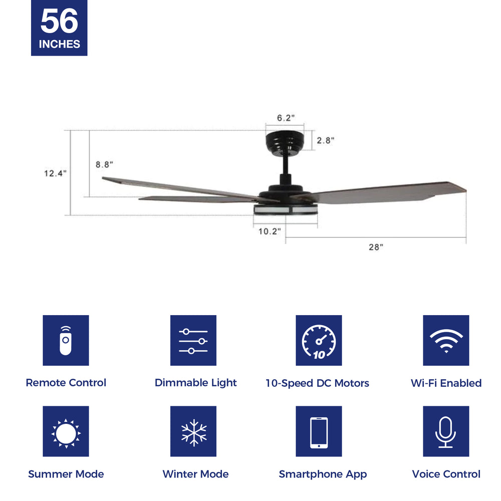 Explorer Outdoor 56" Smart Ceiling Fan with LED Light Kit-Black Case and Dark Wood Fan Blades. The fan features Remote control, Wi-Fi apps, and Voice control technology (compatible with Amazon Alexa and Google Home Assistant ) to set fan preferences. Equipped with 3000-lumen dimmable LED lights and a 10-speed DC Motor (5300CFM airflow output), it brings you cool and bright. 