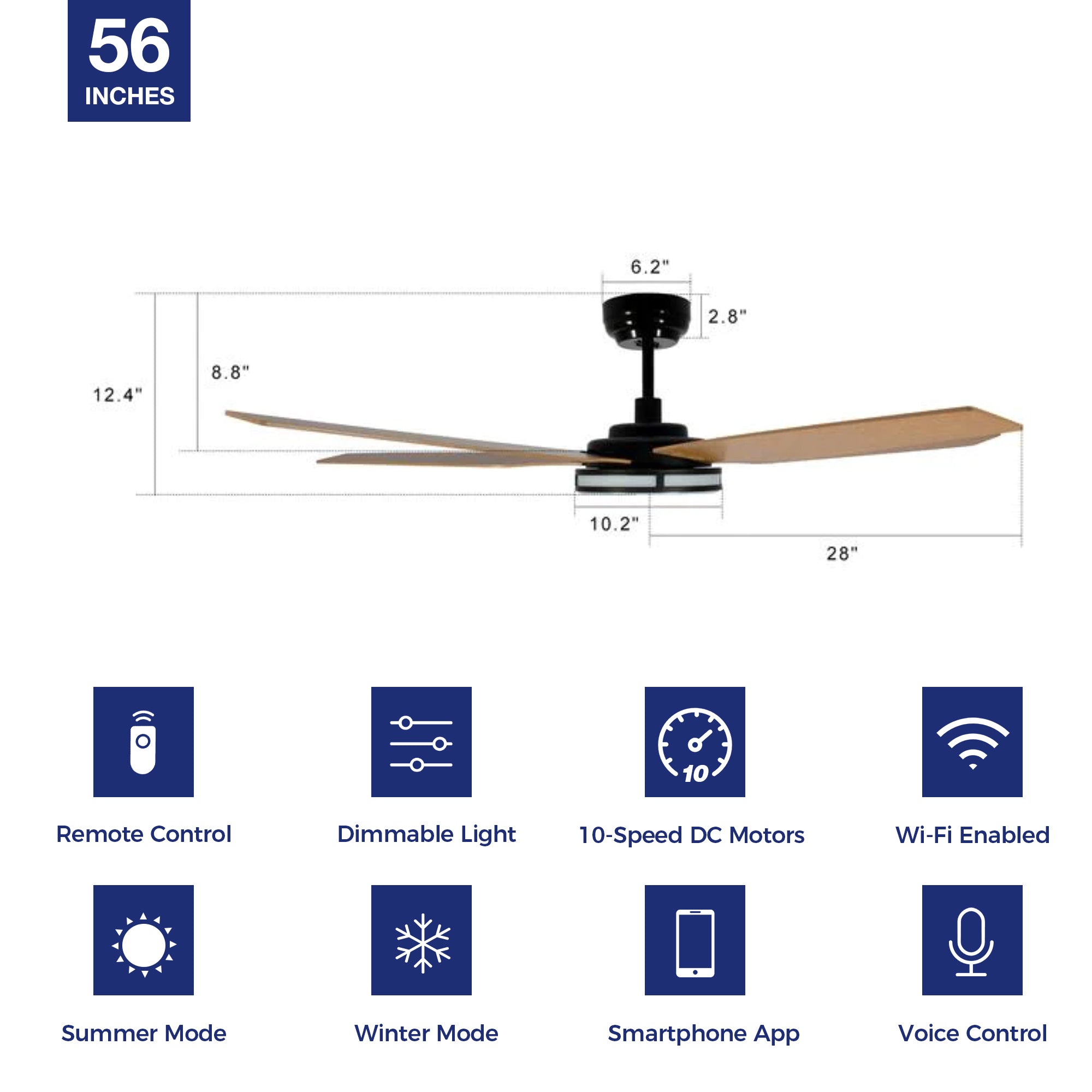 Explorer Outdoor 56&quot; Smart Ceiling Fan with LED Light Kit-Black Case and Wood Grain Fan Blades. The fan features Remote control, Wi-Fi apps, and Voice control technology (compatible with Amazon Alexa and Google Home Assistant ) to set fan preferences. Equipped with 3000-lumen dimmable LED lights and a 10-speed DC Motor (5300CFM airflow output), it brings you cool and bright. 