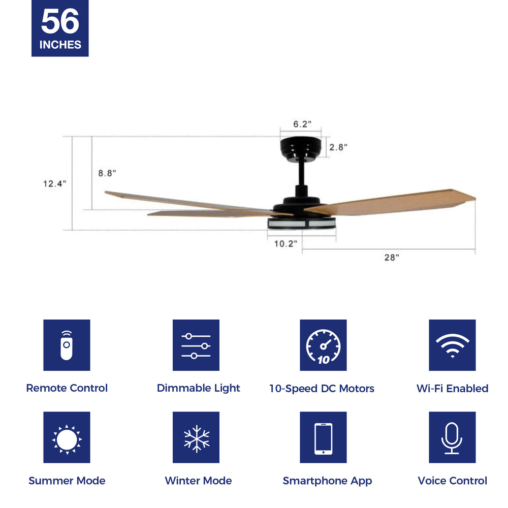 Explorer Outdoor 56" Smart Ceiling Fan with LED Light Kit-Black Case and Wood Grain Fan Blades. The fan features Remote control, Wi-Fi apps, and Voice control technology (compatible with Amazon Alexa and Google Home Assistant ) to set fan preferences. Equipped with 3000-lumen dimmable LED lights and a 10-speed DC Motor (5300CFM airflow output), it brings you cool and bright. 