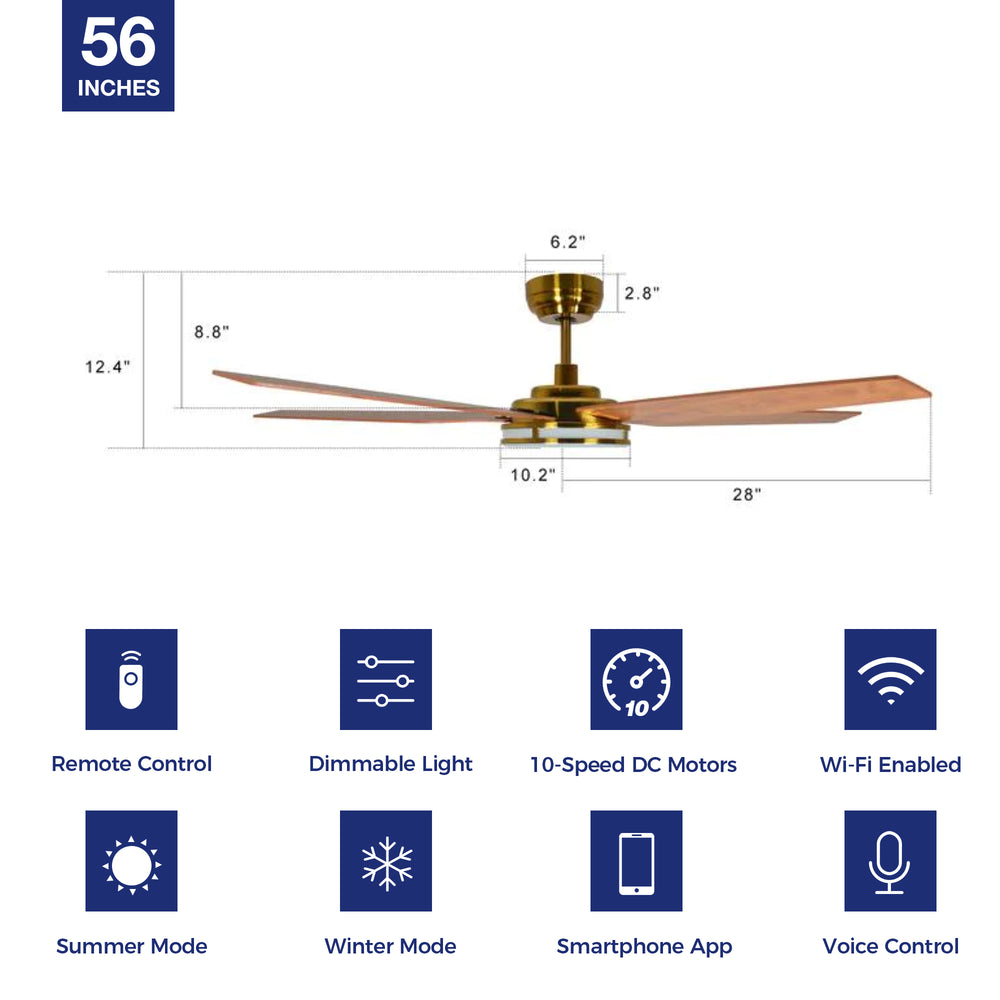 Explorer Outdoor 56" Smart Ceiling Fan with LED Light Kit-Gold Case and Wood Grain Fan Blades. The fan features Remote control, Wi-Fi apps, and Voice control technology (compatible with Amazon Alexa and Google Home Assistant ) to set fan preferences. Equipped with 3000-lumen dimmable LED lights and a 10-speed DC Motor (5300CFM airflow output), it brings you cool and bright. 