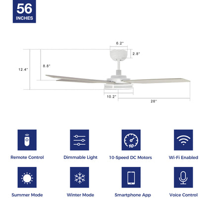 Explorer Outdoor 56&quot; Smart Ceiling Fan with LED Light Kit-White Case and Fine Wood Fan Blades. The fan features Remote control, Wi-Fi apps, and Voice control technology (compatible with Amazon Alexa and Google Home Assistant ) to set fan preferences. Equipped with 3000-lumen dimmable LED lights and a 10-speed DC Motor (5300CFM airflow output), it brings you cool and bright. 