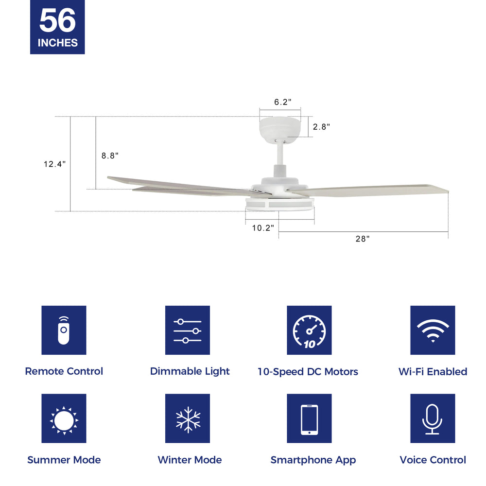 Explorer Outdoor 56" Smart Ceiling Fan with LED Light Kit-White Case and Fine Wood Fan Blades. The fan features Remote control, Wi-Fi apps, and Voice control technology (compatible with Amazon Alexa and Google Home Assistant ) to set fan preferences. Equipped with 3000-lumen dimmable LED lights and a 10-speed DC Motor (5300CFM airflow output), it brings you cool and bright. 