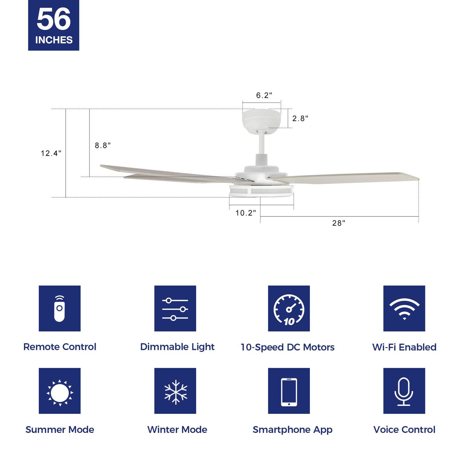 Explorer Outdoor 56&quot; Smart Ceiling Fan with LED Light Kit-White Case and Fine Wood Fan Blades. The fan features Remote control, Wi-Fi apps, and Voice control technology (compatible with Amazon Alexa and Google Home Assistant ) to set fan preferences. Equipped with 3000-lumen dimmable LED lights and a 10-speed DC Motor (5300CFM airflow output), it brings you cool and bright. 