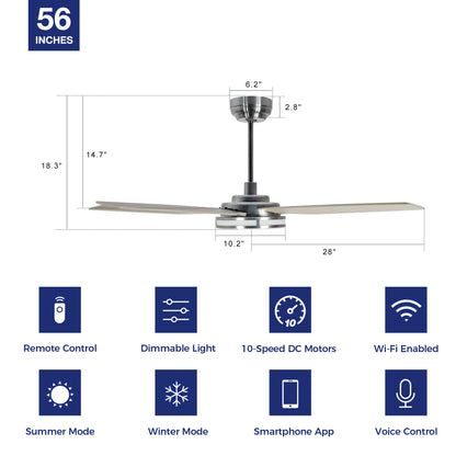 Explorer Outdoor 56&quot; Smart Ceiling Fan with LED Light Kit-Silver Case and Light-color Wood Fan Blades. The fan features Remote control, Wi-Fi apps, and Voice control technology (compatible with Amazon Alexa and Google Home Assistant ) to set fan preferences. Equipped with 3000-lumen dimmable LED lights and a 10-speed DC Motor (5300CFM airflow output), it brings you cool and bright. 
