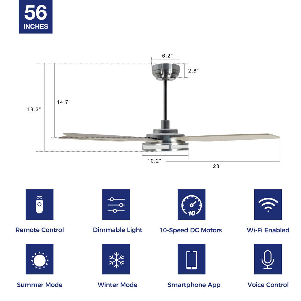 Explorer Outdoor 56" Smart Ceiling Fan with LED Light Kit-Silver Case and Light-color Wood Fan Blades. The fan features Remote control, Wi-Fi apps, and Voice control technology (compatible with Amazon Alexa and Google Home Assistant ) to set fan preferences. Equipped with 3000-lumen dimmable LED lights and a 10-speed DC Motor (5300CFM airflow output), it brings you cool and bright. 