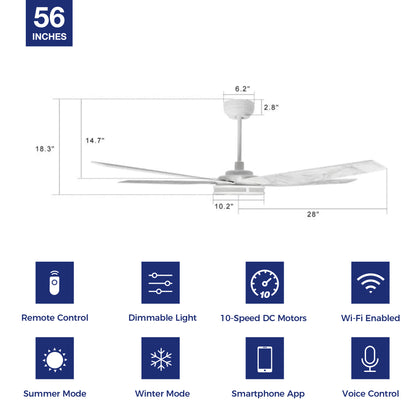 Explorer Outdoor 56&quot; Smart Ceiling Fan with LED Light Kit-White Case and Marble Pattern Fan Blades. The fan features Remote control, Wi-Fi apps, and Voice control technology (compatible with Amazon Alexa and Google Home Assistant ) to set fan preferences. Equipped with 3000-lumen dimmable LED lights and a 10-speed DC Motor (5300CFM airflow output), it brings you cool and bright. 