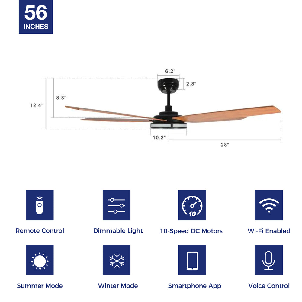 Explorer Outdoor 56" Smart Ceiling Fan with LED Light Kit-Black Case and Wood Grain Fan Blades. The fan features Remote control, Wi-Fi apps, and Voice control technology (compatible with Amazon Alexa and Google Home Assistant ) to set fan preferences. Equipped with 3000-lumen dimmable LED lights and a 10-speed DC Motor (5300CFM airflow output), it brings you cool and bright. 