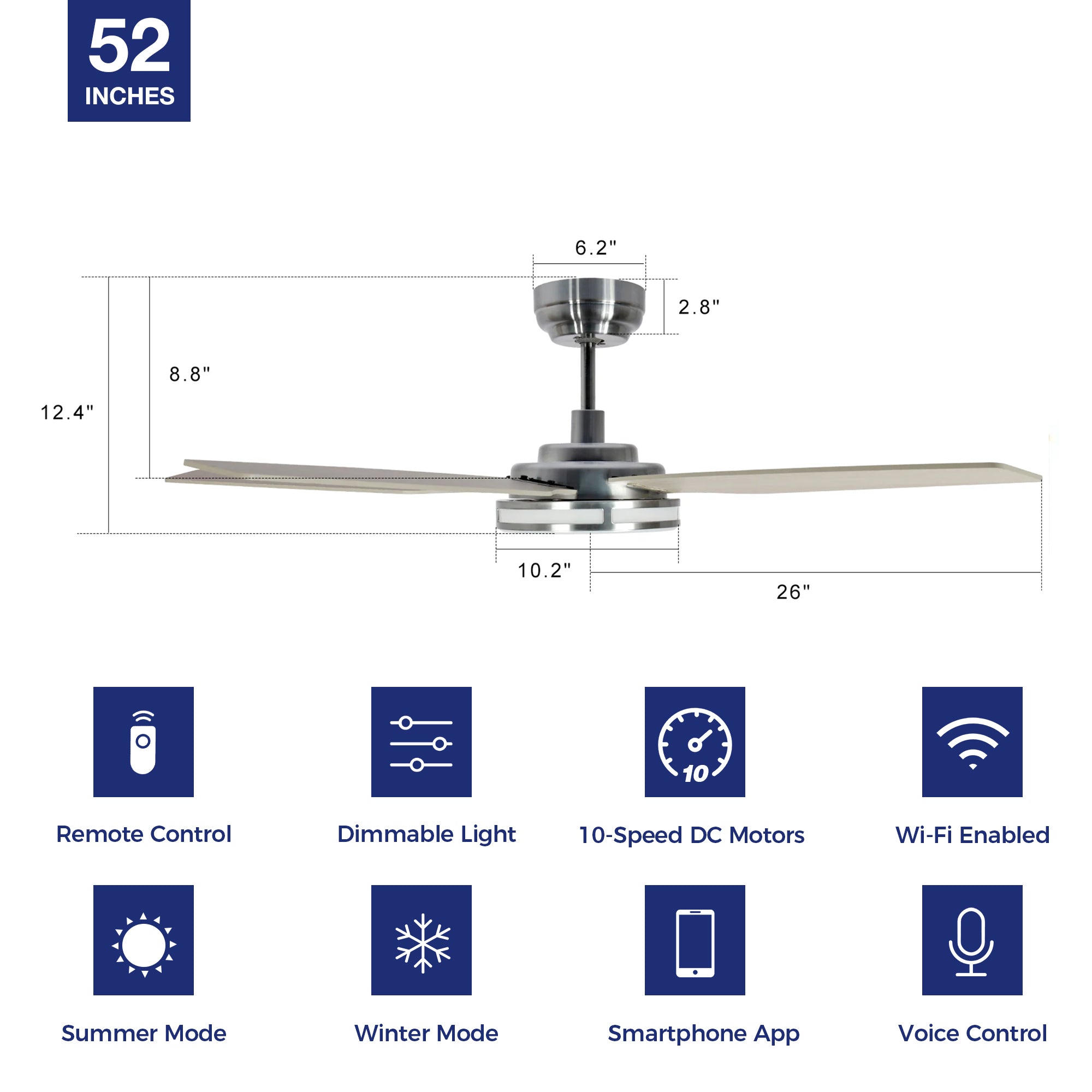 Explorer Outdoor 52&quot; Smart Ceiling Fan with LED Light Kit in dinning room,kitchen,bedroom and living room-unit size.The fan features Remote control, Wi-Fi apps and Voice control technology (compatible with Amazon Alexa and Google Home Assistant ) to set fan preferences. 