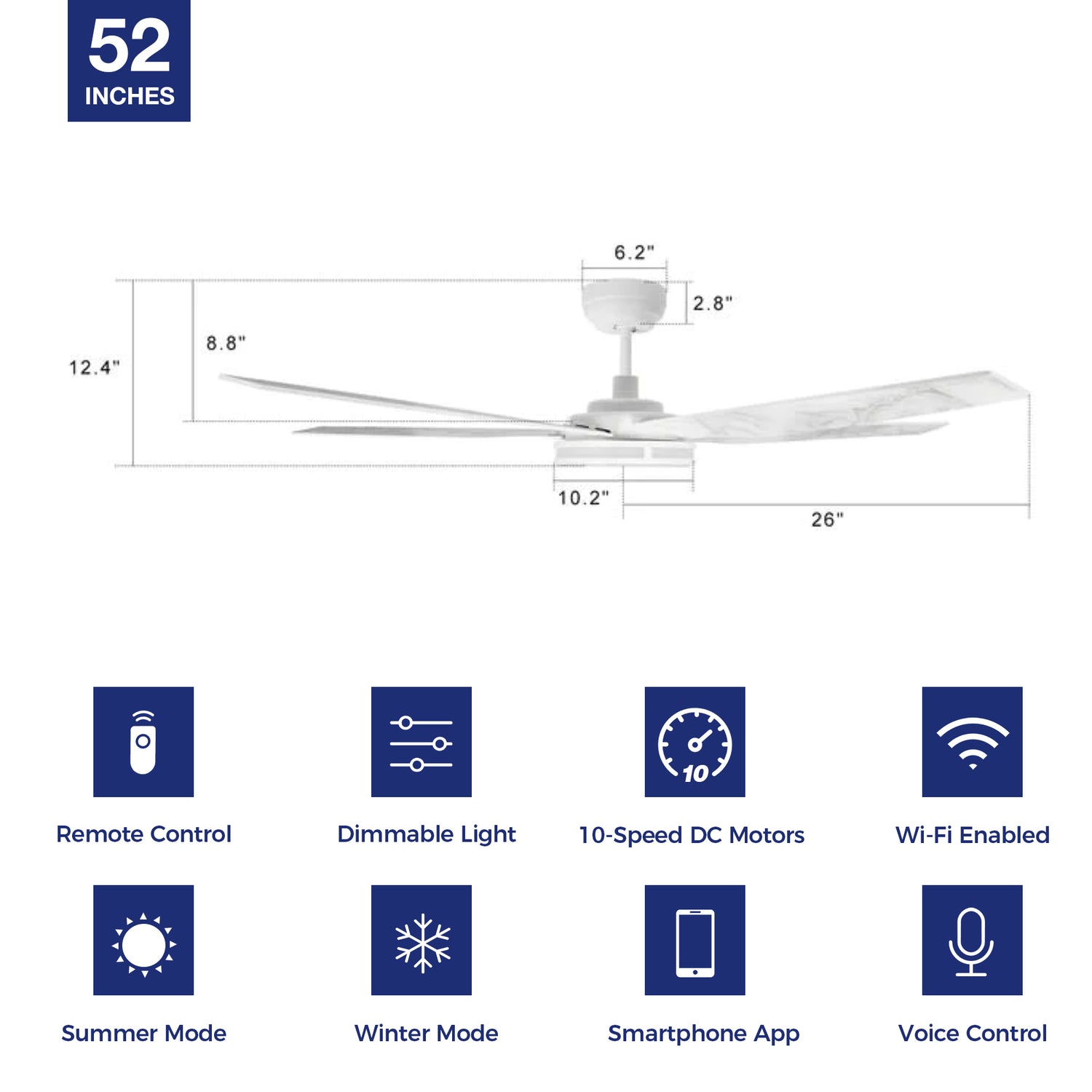 Explorer Outdoor 52&quot; Smart Ceiling Fan with LED Light Kit in dinning room,kitchen,bedroom and living room-unit size.The fan features Remote control, Wi-Fi apps and Voice control technology (compatible with Amazon Alexa and Google Home Assistant ) to set fan preferences. 