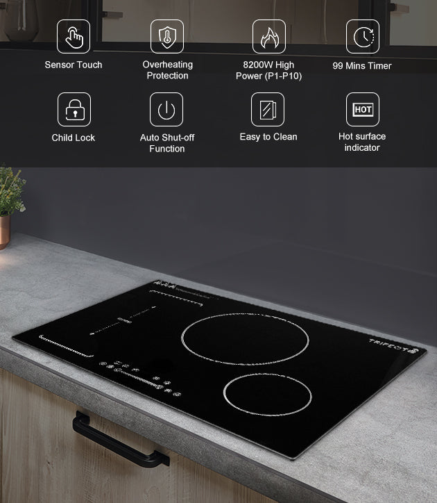 30inch black induction cooktop with eight features.