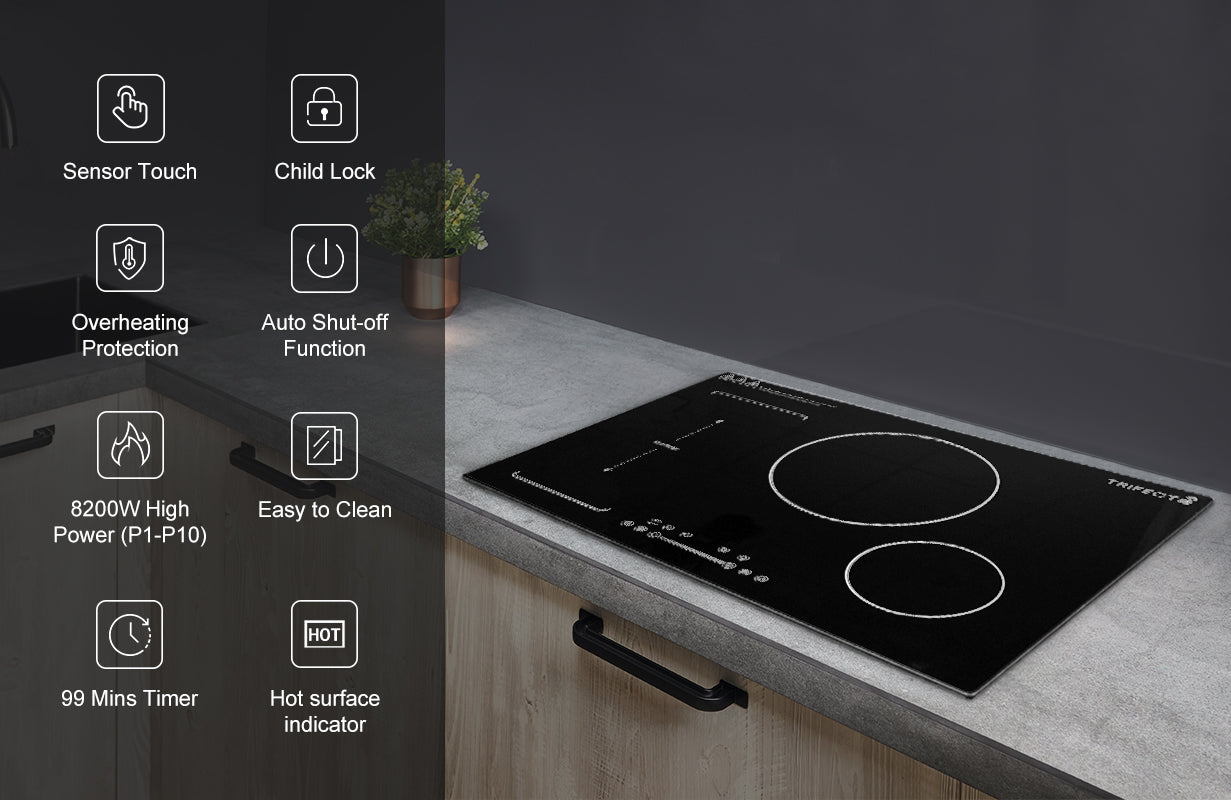 30inch black induction cooktop has child lock, 99-min timer, auto shut-off function, overheating protection, and hot surface indicator.