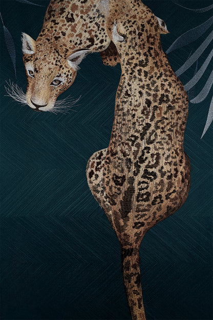 Close-up view of the Framed Embroidery Fine Wall Art of Leopard Design, showcasing intricate details and lifelike depiction of the leopards.