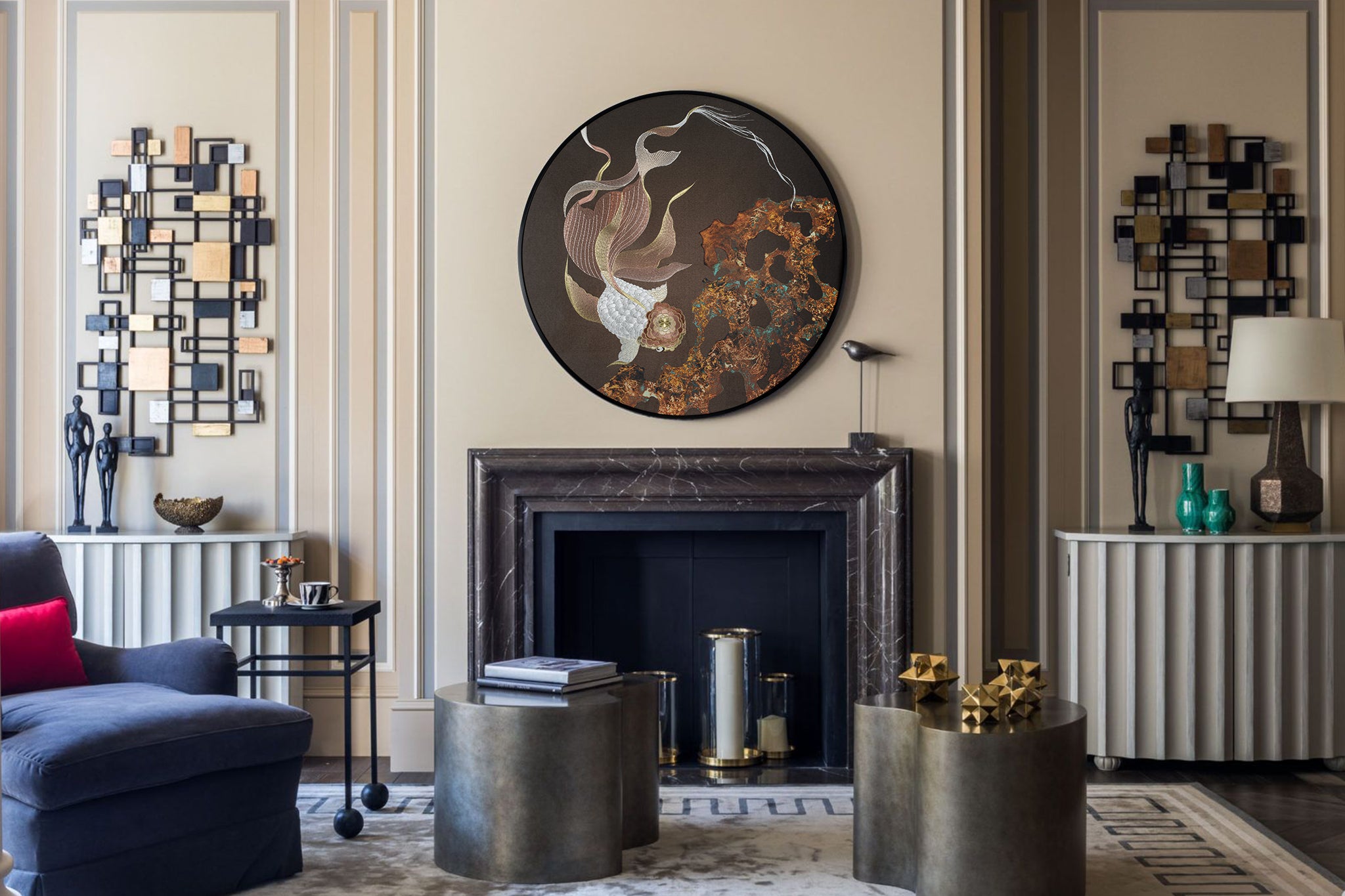 An artwork embroidered with koi fish hangs above the fireplace in the modern living room