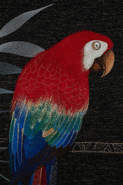 Embroidered artwork with parrots, plants, bird perch.