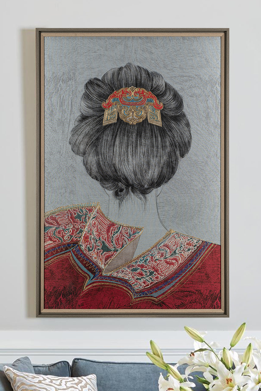 Framed embroidery wall artwork of woman figure design.