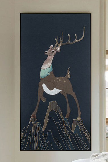 Close-up view of framed embroidery fine wall art featuring a detailed sika deer design.
