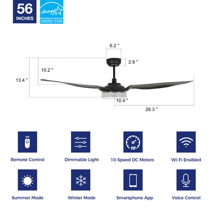 Icebreaker Outdoor 56&quot; Smart Ceiling Fan with LED Light Kit-transparent plastic case and black abs Fan Blades. The fan features Remote control, Wi-Fi apps, and Voice control technology (compatible with Amazon Alexa and Google Home Assistant ) to set fan preferences. Equipped with 3000-lumen dimmable LED lights and a 10-speed DC Motor (6900CFM airflow output), it brings you cool and bright. 