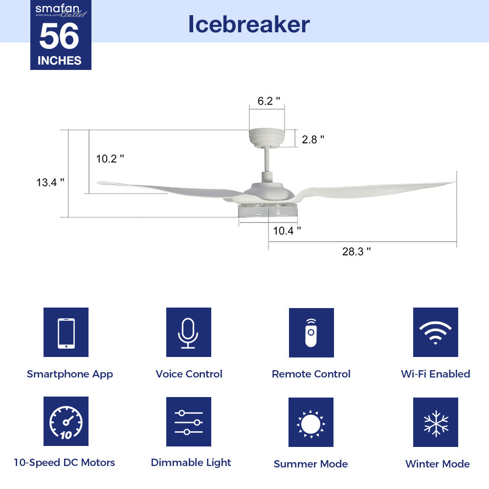 Icebreaker 56 inch smart fan delivers high and energy-efficient airflow in a sleek design. With dimmable integrated LED, 10-speed whisper-quiet DC motor, available remote, phone app, and voice integration control, and airfoils in classic white or black or clear, Icebreaker helps you enjoy your better life. 
