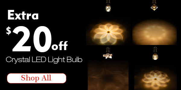 Promotional image offering extra $20 off on Crystal LED Light Bulbs, mobile decor, and more for Independence Day, with a "Shop All" button.