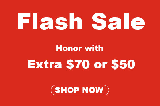 A promotional banner with a red background, featuring white text at the top reading “Flash Sale,” middle text reading “Honor with Extra $70 or $50,” and a white circular button at the bottom with “SHOP NOW” written on it.