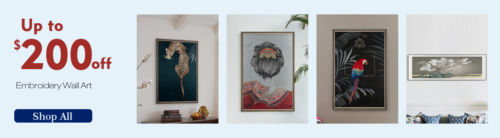 Promotional image offering up to $200 off on embroidery wall art, mobile decor, and more for Independence Day, with a "Shop All" button.