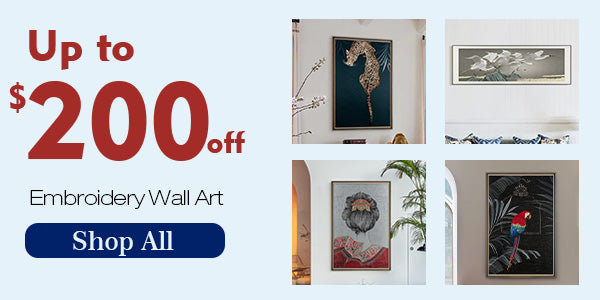 Promotional image offering up to $200 off on embroidery wall art, mobile decor, and more for Independence Day, with a "Shop All" button.