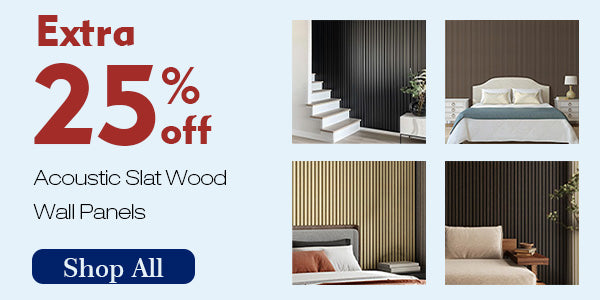 Promotional banner with a light blue background on the left, featuring red text “Extra 25% off,” black smaller text “Acoustic Slat Wood Wall Panels,” and a blue “Shop All” button. The right side shows four columns: the first with a white staircase next to black wooden wall panels; the second with a light wooden wall panel, gray sofa, and black coffee table; the third with a dark wooden wall panel and a light sofa; the fourth with a light wooden wall panel, white bed, and orange pillow.