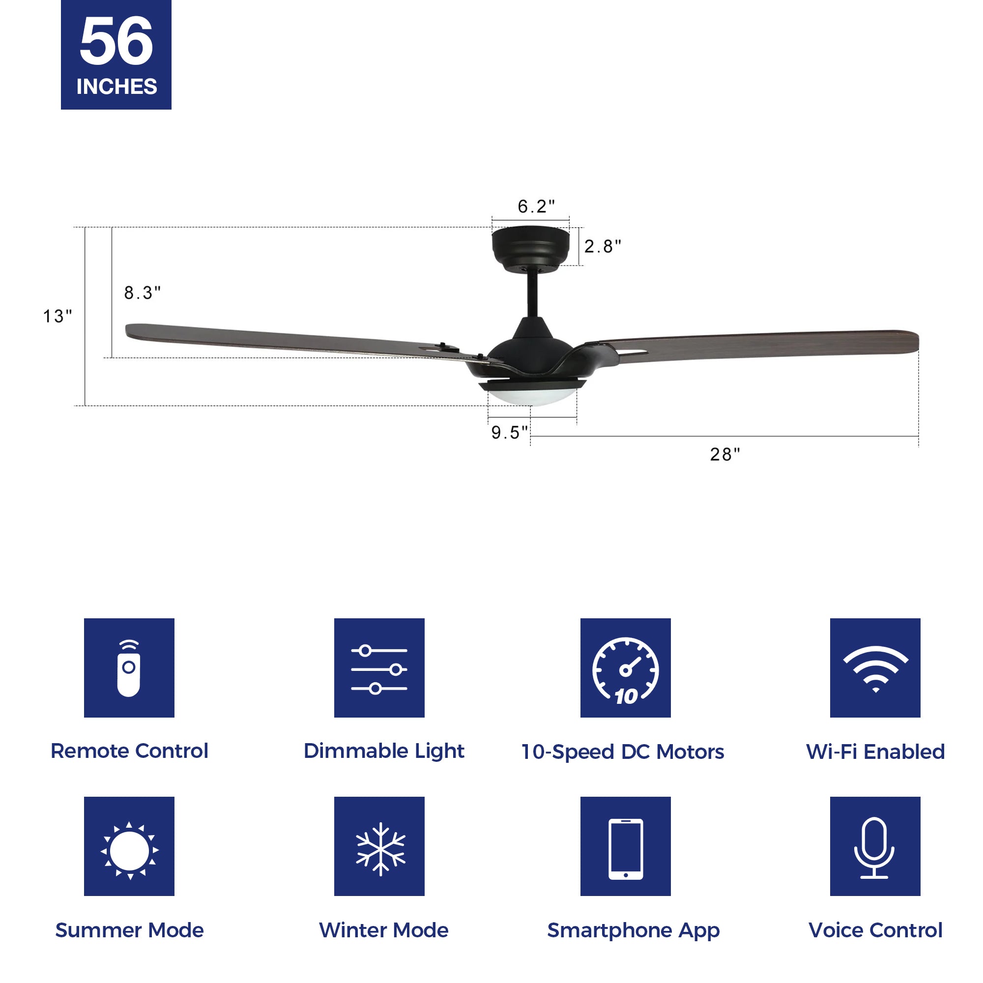 Innovator Outdoor 56&quot; Smart Ceiling Fan with LED Light Kit-Black case and wood grain Pattern Fan Blades. The fan features Remote control, Wi-Fi apps, and Voice control technology (compatible with Amazon Alexa and Google Home Assistant ) to set fan preferences. Equipped with 1962-lumen dimmable LED lights and a 10-speed DC Motor (5800CFM airflow output), it brings you cool and bright. 