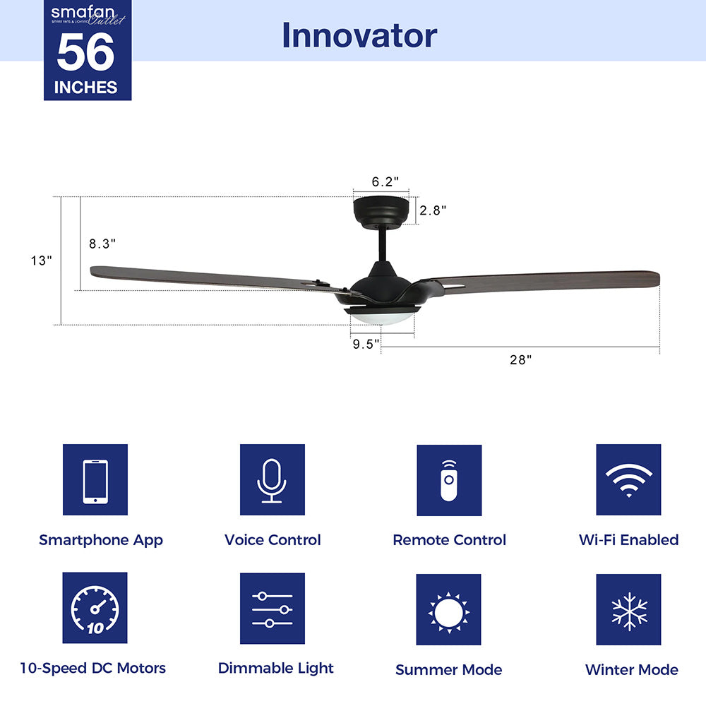 Innovator Outdoor 56" Smart Ceiling Fan with LED Light Kit-Black case and wood grain Pattern Fan Blades. The fan features Remote control, Wi-Fi apps, and Voice control technology (compatible with Amazon Alexa and Google Home Assistant ) to set fan preferences. Equipped with 1962-lumen dimmable LED lights and a 10-speed DC Motor (5800CFM airflow output), it brings you cool and bright. 