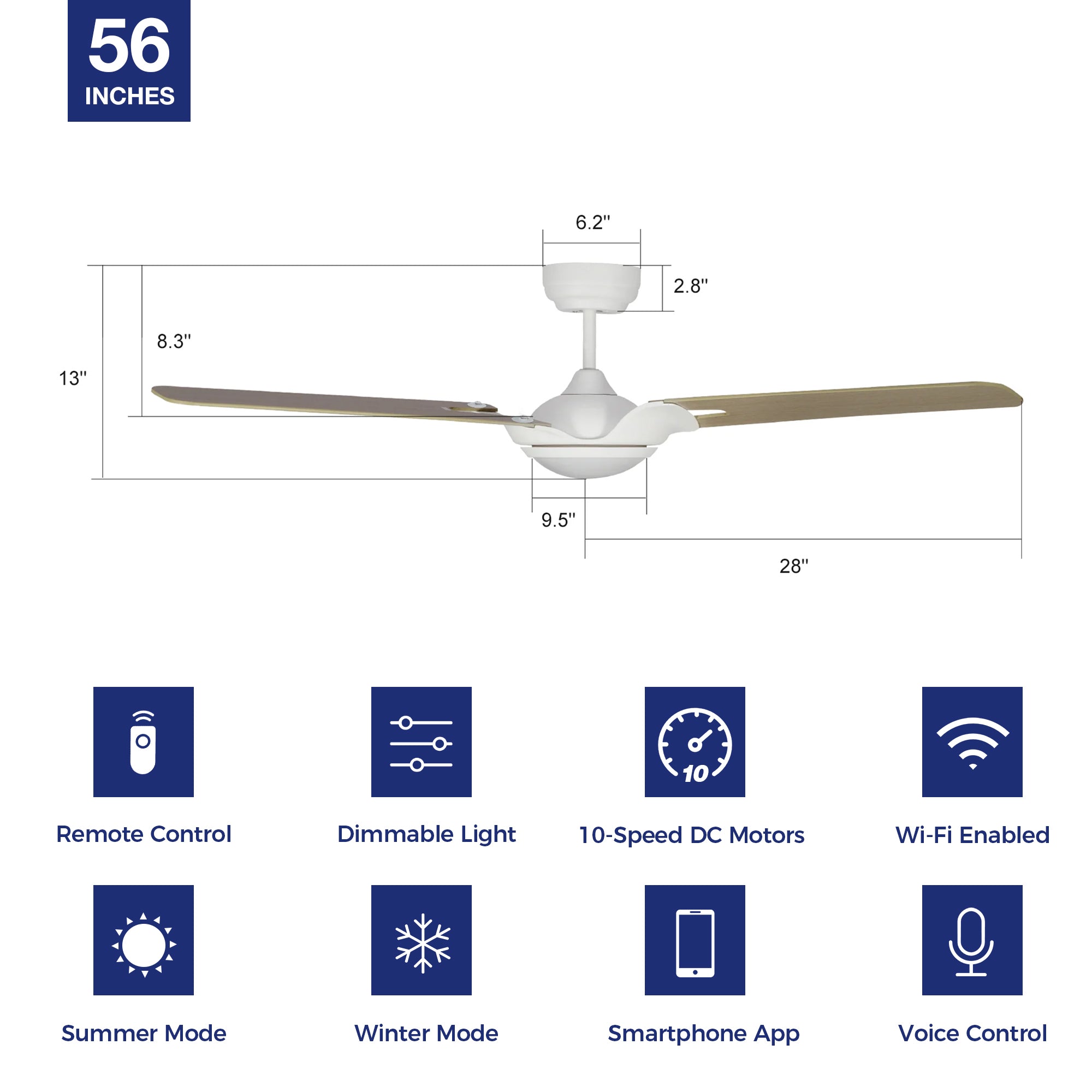 Innovator Outdoor 56&quot; Smart Ceiling Fan with LED Light Kit-White Base and light-color wood Pattern Fan Blades. The fan features Remote control, Wi-Fi apps, and Voice control technology (compatible with Amazon Alexa and Google Home Assistant ) to set fan preferences. Equipped with 1962-lumen LED lights and a 10-speed DC Motor (5800CFM airflow output), it brings you cool and bright. 