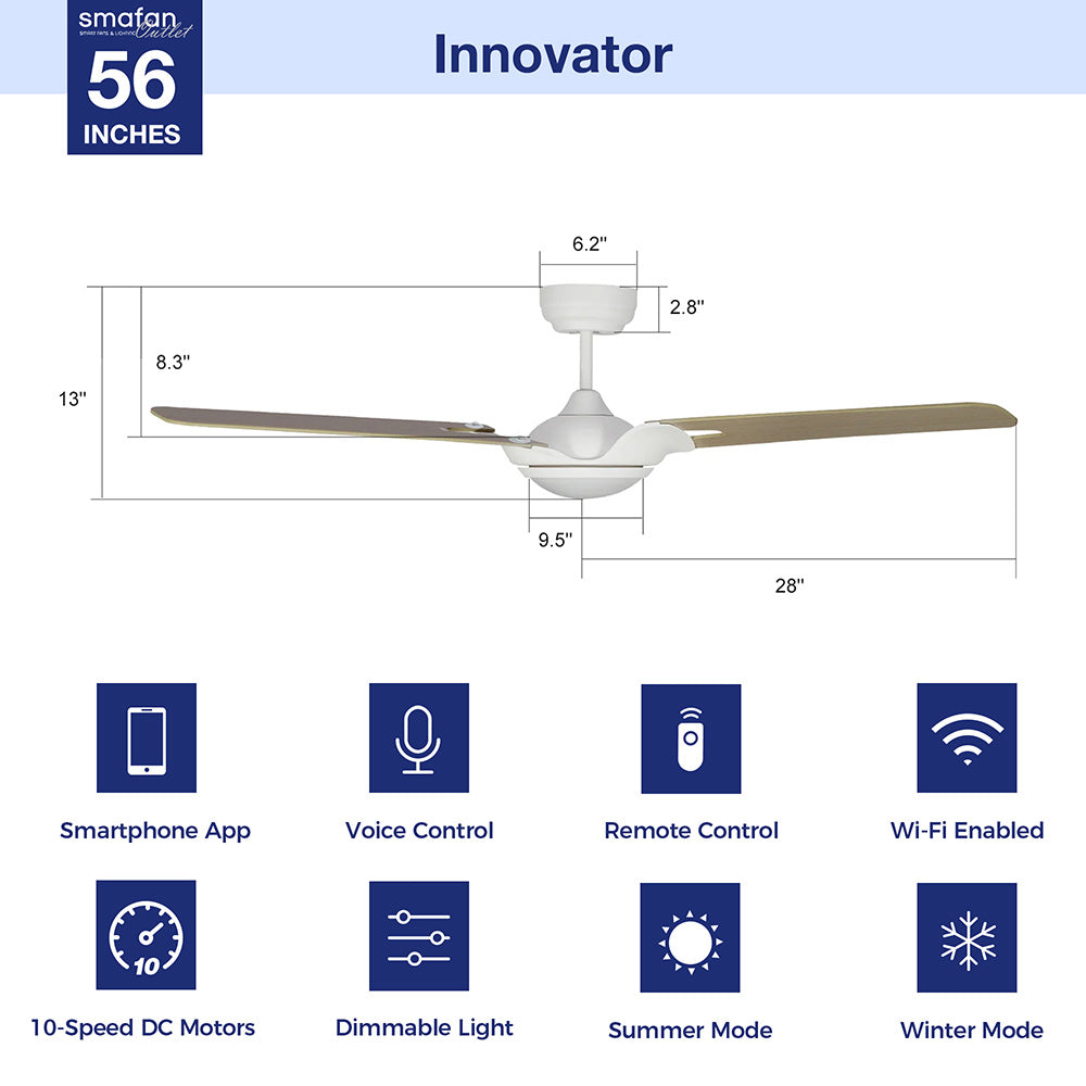 Innovator Outdoor 56" Smart Ceiling Fan with LED Light Kit-White Base and light-color wood Pattern Fan Blades. The fan features Remote control, Wi-Fi apps, and Voice control technology (compatible with Amazon Alexa and Google Home Assistant ) to set fan preferences. Equipped with 1962-lumen LED lights and a 10-speed DC Motor (5800CFM airflow output), it brings you cool and bright. 